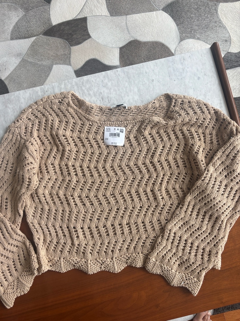 NWT AE Sz M Beige Crochet Knit Women's Sweater with Bell Sleeves